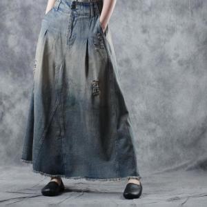 High-Waist Maxi Frayed Skirt Loose Denim Ripped Skirt