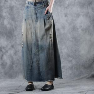 High-Waist Maxi Frayed Skirt Loose Denim Ripped Skirt