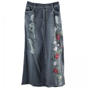 Exquisite Rose Embroidery Distressed Skirt Denim Pencil Skirt