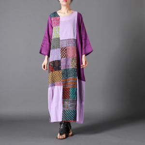 Purple Patchwork Ethnic Tent Dress Loose Ramie Vacation Dress