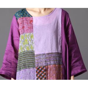 Purple Patchwork Ethnic Tent Dress Loose Ramie Vacation Dress