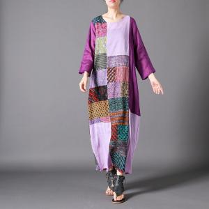 Purple Patchwork Ethnic Tent Dress Loose Ramie Vacation Dress