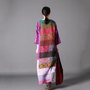 Purple Patchwork Ethnic Tent Dress Loose Ramie Vacation Dress