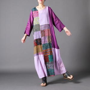 Purple Patchwork Ethnic Tent Dress Loose Ramie Vacation Dress