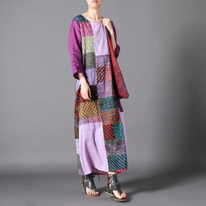 Purple Patchwork Ethnic Tent Dress Loose Ramie Vacation Dress