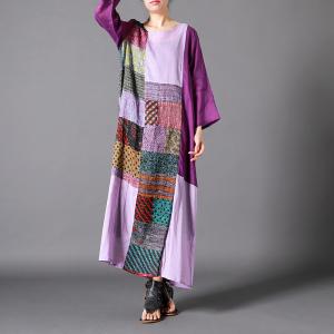 Purple Patchwork Ethnic Tent Dress Loose Ramie Vacation Dress