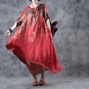 Chinese Style Printed Silk Dress Plus Size Vintage Maxi Dress