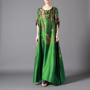 Chinese Style Printed Silk Dress Plus Size Vintage Maxi Dress