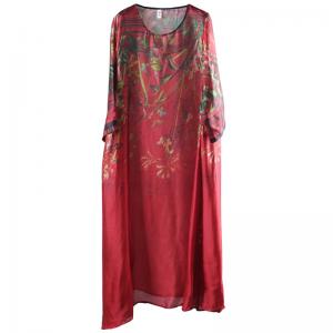 Chinese Style Printed Silk Dress Plus Size Vintage Maxi Dress