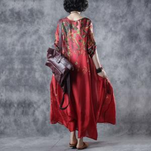 Chinese Style Printed Silk Dress Plus Size Vintage Maxi Dress