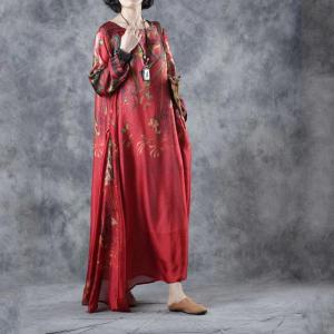 Chinese Style Printed Silk Dress Plus Size Vintage Maxi Dress