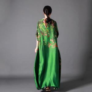 Chinese Style Printed Silk Dress Plus Size Vintage Maxi Dress