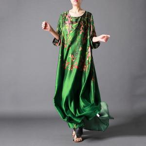 Chinese Style Printed Silk Dress Plus Size Vintage Maxi Dress