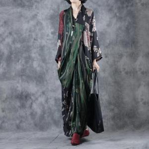 Vintage Printed Wrapped Maxi Dress Long Sleeve Silk Dress