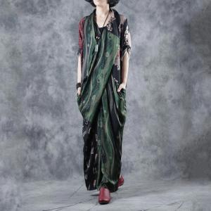 Vintage Printed Wrapped Maxi Dress Long Sleeve Silk Dress