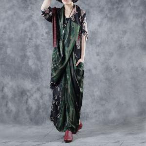 Vintage Printed Wrapped Maxi Dress Long Sleeve Silk Dress