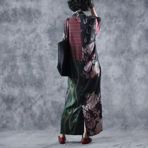 Vintage Printed Wrapped Maxi Dress Long Sleeve Silk Dress