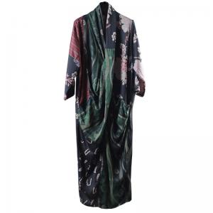 Vintage Printed Wrapped Maxi Dress Long Sleeve Silk Dress
