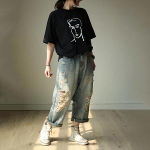 Street Style Baggy Ripped Jeans Womans Straight-Leg Jeans
