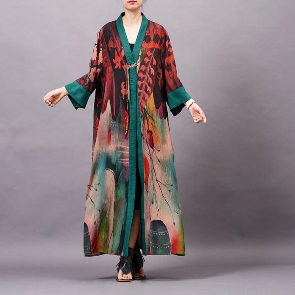 Green Edges Red Printed Loose Kimono Vintage Silk  Outerwear