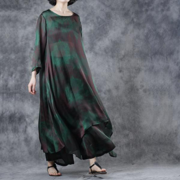 Green Printed Silky Long Dress with Flowy Palazzo Pants