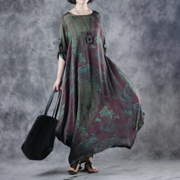 Elegant Green Printed Dress Silk Fit and Flare Dress with Camisole