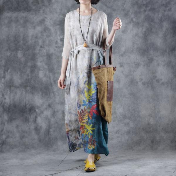 Blue Printing Belted Wrap Dress Loose Shift Dress with Silk Sleeve