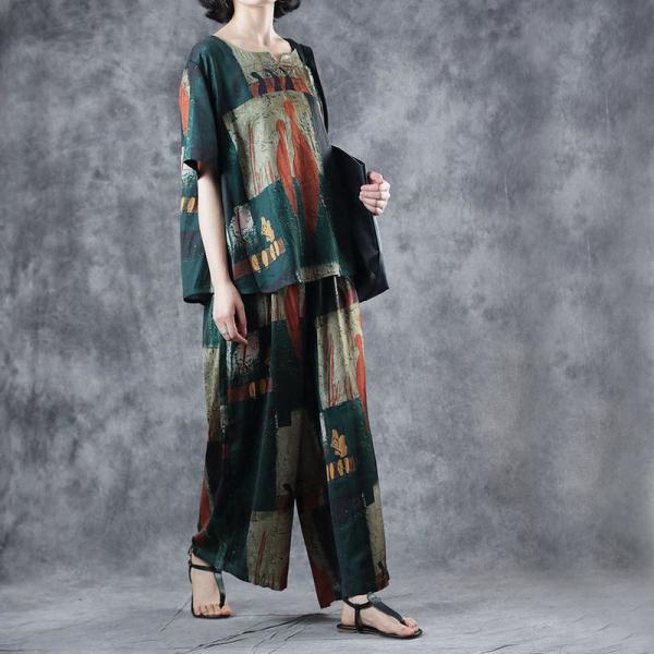 Comfy Silky Oversized T-shirt with Artistic Printed Wide Leg Trousers