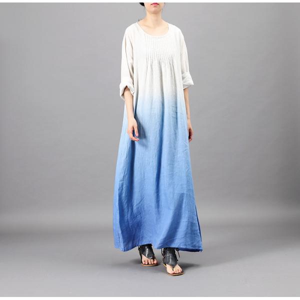 Gradient Blue Long Pleated Dress Cotton Linen Fit and Flare Dress