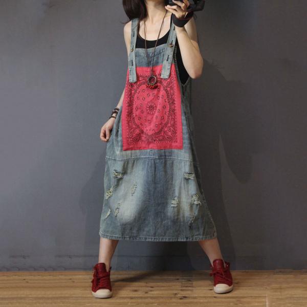 Folk Style Totem Patchwork Denim Overall Dress Loose A-Line Dress