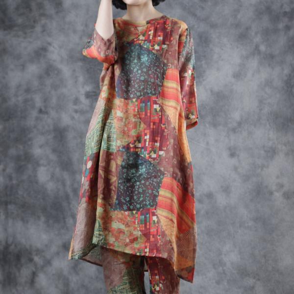 Colorful Patchwork Ethnic Blouse with Ramie Straight Leg Pants