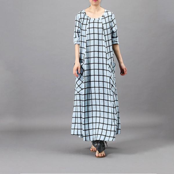 Big Front Pockets Plain Tartan Dress Loose Flared Grid Frock