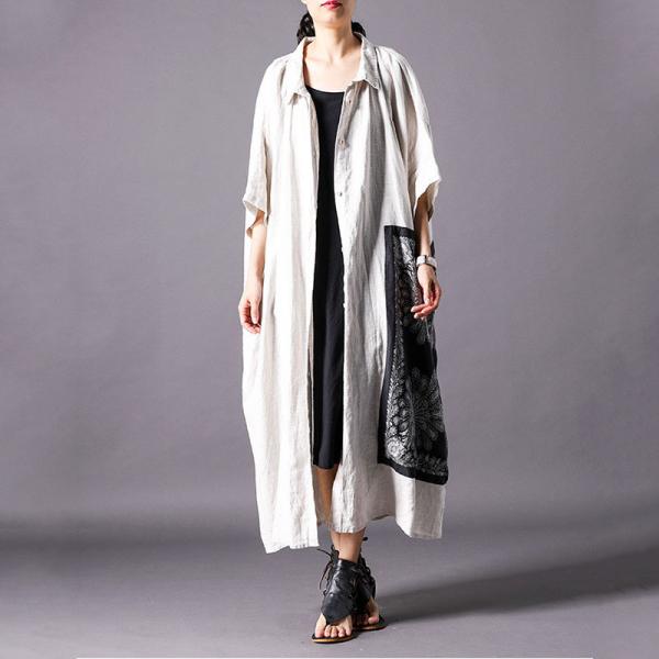 Black Printed Patchwork Japanese Cardigan Beige Linen Plus Size Shirt Dress