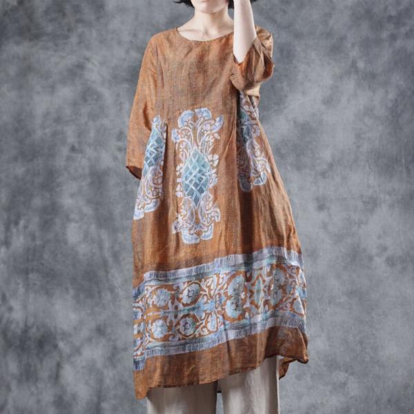 Folk Style Oversized Long T-shirt Ethnic Printed Knee Length Dress