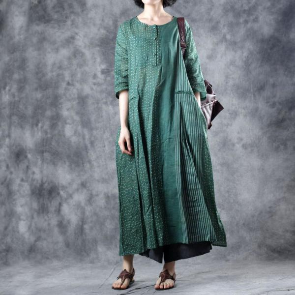 Classical Loose Ramie A-Line Dress Striped and Polka Dot Green Dress