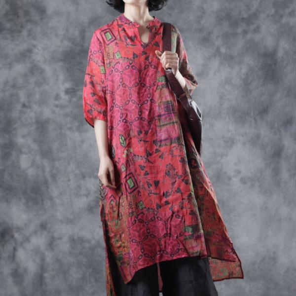 Artistic Geometric Printed Red Dress Asymmetrical Tunic Dress