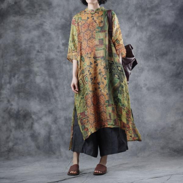 Green Printed Geometric Dress Vintage Shirt Dress for Senior Woman
