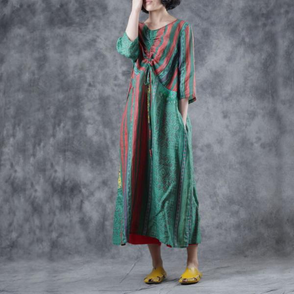 Pleated Red Striped A-Line Dress Ethnic Green Dress for Senior Woman