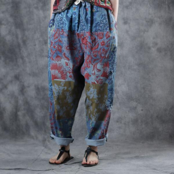 Over50 Style Blue Printed Harem Pants Baggy Cotton Street Wear