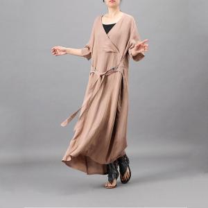 Embroidered Belt Linen Wrap Dress V-Neck Maxi Summer Dress