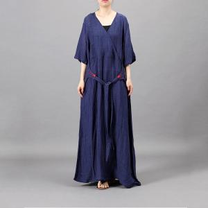 Embroidered Belt Linen Wrap Dress V-Neck Maxi Summer Dress