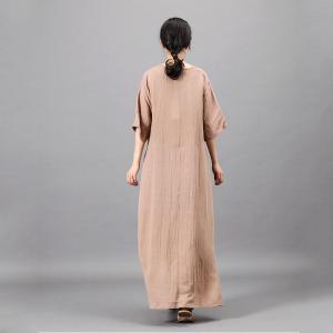 Embroidered Belt Linen Wrap Dress V-Neck Maxi Summer Dress