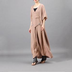 Embroidered Belt Linen Wrap Dress V-Neck Maxi Summer Dress