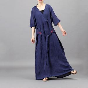 Embroidered Belt Linen Wrap Dress V-Neck Maxi Summer Dress