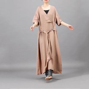 Embroidered Belt Linen Wrap Dress V-Neck Maxi Summer Dress