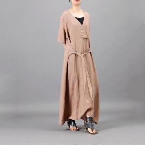 Embroidered Belt Linen Wrap Dress V-Neck Maxi Summer Dress