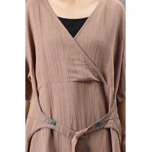 Embroidered Belt Linen Wrap Dress V-Neck Maxi Summer Dress
