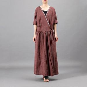 V-Neck Empire Waist Maxi Dress Cotton Linen Belted Spring Dress