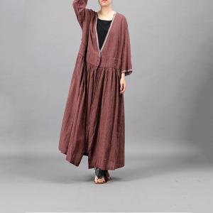 V-Neck Empire Waist Maxi Dress Cotton Linen Belted Spring Dress