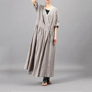 V-Neck Empire Waist Maxi Dress Cotton Linen Belted Spring Dress